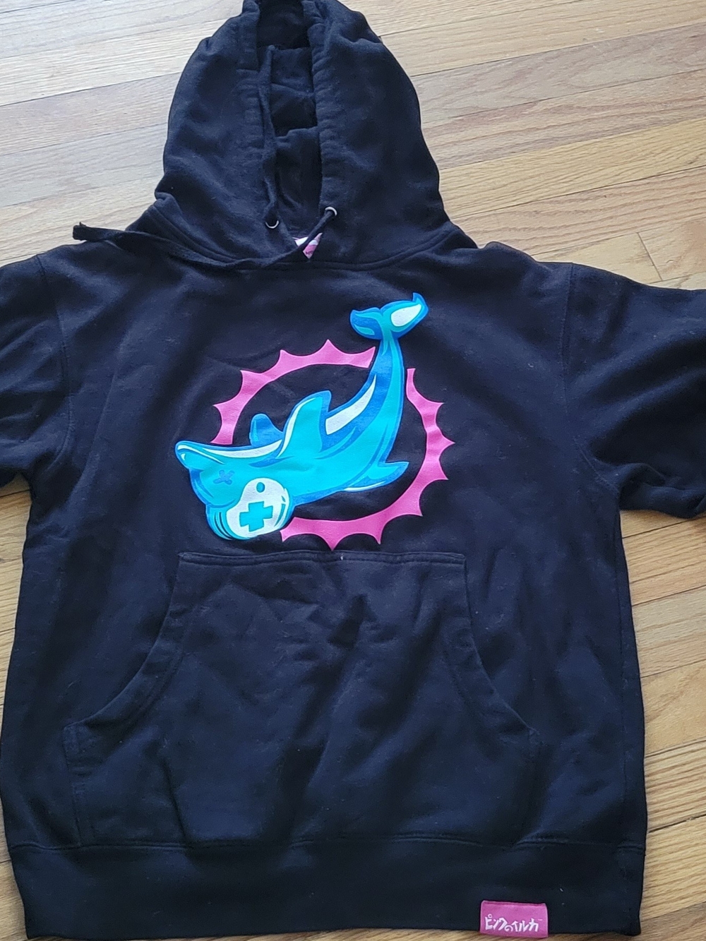Vintage Pink Pink Dolphin Promo Black Hoodie with Blue & Pink Whale Graphic